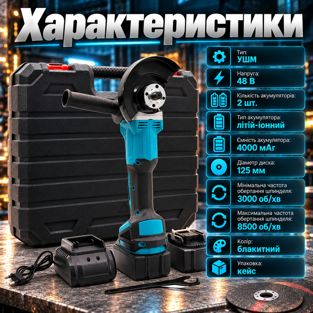 Аккумуляторная угловая шлифовальная машина 48 В 125 мм 8500 об/мин 2 АКБ 4000 мАч в кейсе для металла камня бетона Болгарка для резки шлифования полировки - изображение 4