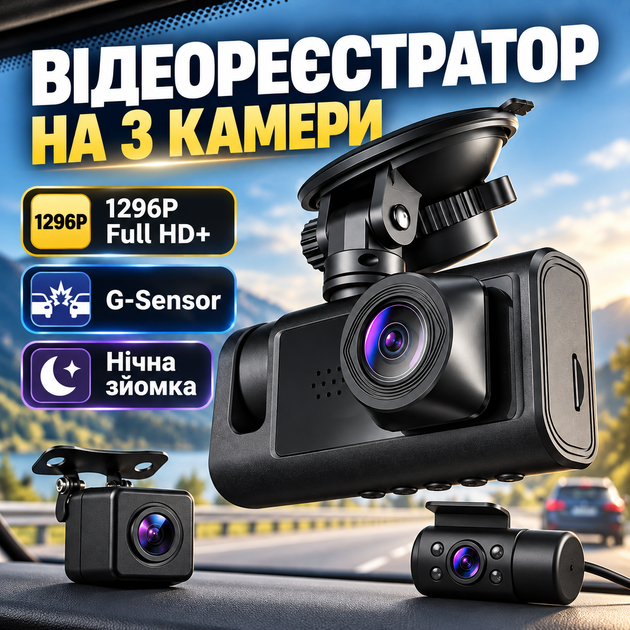 Автомобильный видеорегистратор с тремя камерами 1296P Full HD+, G-Sensor, ночной съемкой, циклической записью, микрофоном и дисплеем, черный - Фото 1 Автомобильный видеорегистратор с тремя камерами 1296P Full HD+, G-Sensor, ночной съемкой, циклической записью, микрофоном и дисплеем, черный - изображение 1
