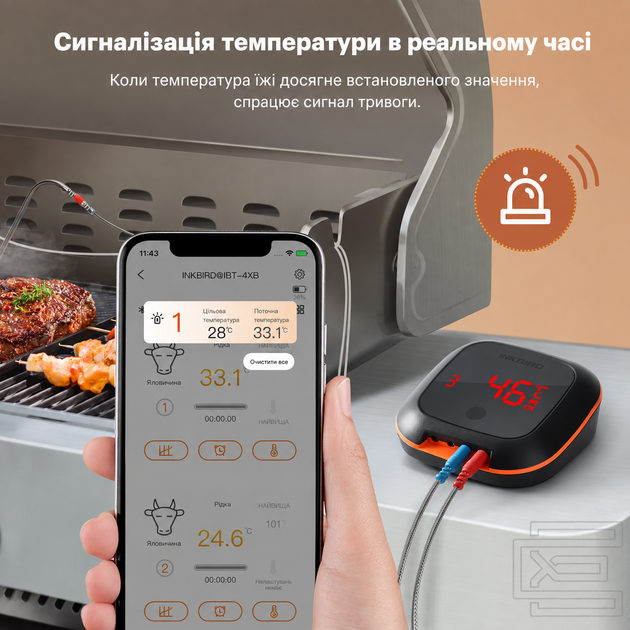 BBQ термометр Inkbird IBT-4XS Bluetooth цифровий на 4 кольорові щупи для м'яса, гриля, духовки та коптильні | керування через застосунок BBQ Go, дальність до 50 м, акумулятор до 40 годин | магнітний термометр для стейків з таймером - изображение 3