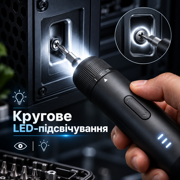 Акумуляторна електровикрутка з насадками та бітами (27 предметів, 3 рівні регулювання, LED-підсвічування, Type-C) - Фото 4 Акумуляторна електровикрутка з насадками та бітами (27 предметів, 3 рівні регулювання, LED-підсвічування, Type-C) - зображення 4