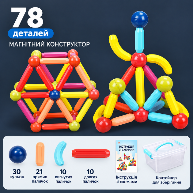 Магнитный конструктор Magnetic Sticks TS 8300-78 на 78 деталей с палочками и шариками - Фото 2 Магнитный конструктор Magnetic Sticks TS 8300-78 на 78 деталей с палочками и шариками - изображение 2