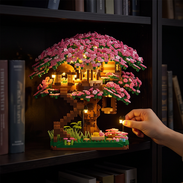Великий 3D конструктор Дерево Сакура з будинком 1995 деталей з LED підсвічуванням, розвиваючий набір конструктор 15х15х16 см Рожевий - зображення 3
