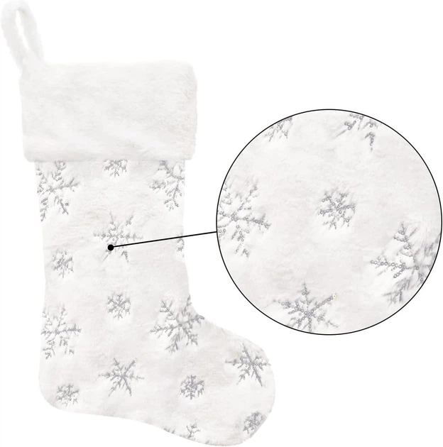 Новорічна шкарпетка для подарунків, різдвяний чобіток Christmas Stocking Decoration, 45см біла з срібними сніжинками - Фото 2 Новорічна шкарпетка для подарунків, різдвяний чобіток Christmas Stocking Decoration, 45см біла з срібними сніжинками - изображение 2