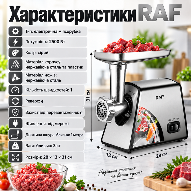Компактна м'ясорубка для кухні з насадкою для ковбаси RAF універсальна електромясорубка з функцією реверс - зображення 4