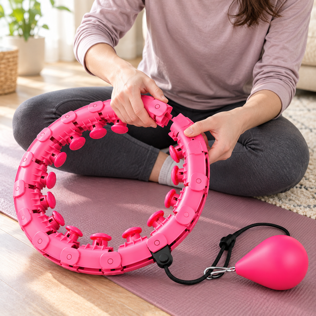 Умный массажный обруч Smart Hula Hoop Big Box с утяжелителем, разборный хулахуп из 24 секций с регулировкой диаметра для фитнеса и тренировок, розовый - изображение 8