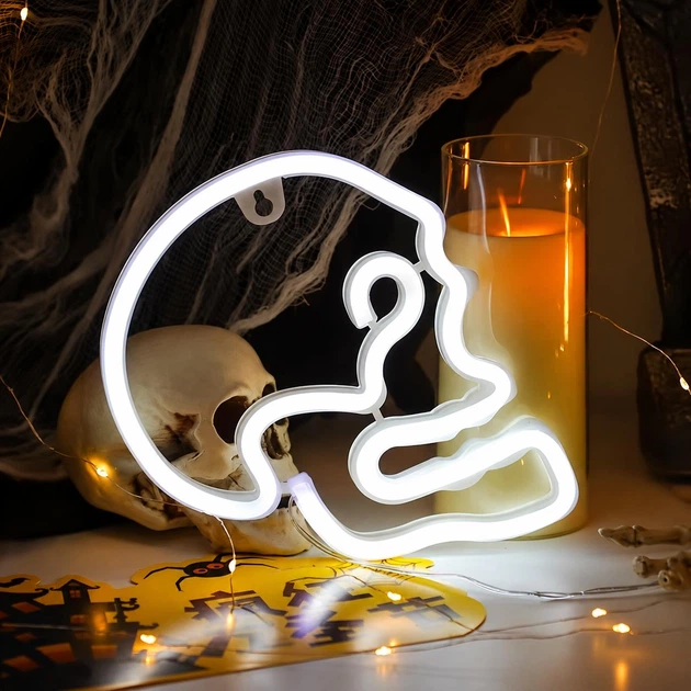 Неоновый LED светильник «Череп» белый для стены на батарейках/USB 22х18 см - Фото 1 Неоновый LED светильник «Череп» белый для стены на батарейках/USB 22х18 см - изображение 1
