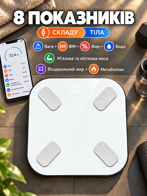 Смарт весы напольные электронные до 150 кг с Bluetooth и приложением, анализом состава тела, BMI, жира, воды и мышечной массы - изображение 2