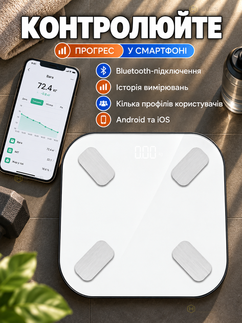 Смарт весы напольные электронные до 150 кг с Bluetooth и приложением, анализом состава тела, BMI, жира, воды и мышечной массы - изображение 3