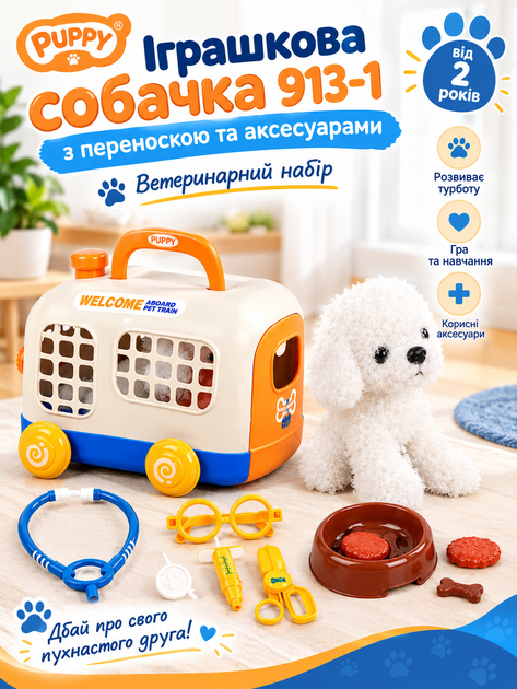 Іграшкова собачка 913-1 з переноскою та аксесуарами, ветеринарний набір, від 2 років - Фото 1 Іграшкова собачка 913-1 з переноскою та аксесуарами, ветеринарний набір, від 2 років - зображення 1