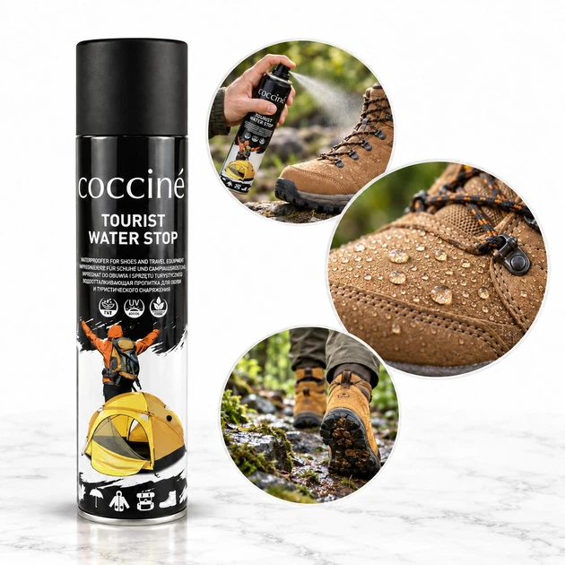 Водоотштовхувальний спрей Coccine Tourist Water Stop | Гідрофобний захист для шкіри, замші та текстилю | 400 мл - Фото 6 Водоотштовхувальний спрей Coccine Tourist Water Stop | Гідрофобний захист для шкіри, замші та текстилю | 400 мл - изображение 6