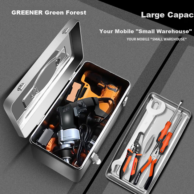 GREENER Ящик для инструментов из нержавеющей стали, 18 дюймов, промышленного класса, для хранения в автомобиле и доме, многофункциональный, утолщенный металлический кейс для инструментов, ручной. - изображение 7