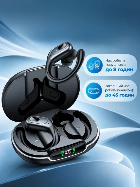 Беспроводные спортивные наушники TWS Bluetooth V 5.4 с ENC шумоподавлением водонепроницаемые IPX5 креплением на ухо LED дисплеем вакуумные стерео блютуз для тренировки фитнеса зала прогулок и повседневного использования Черный - изображение 3