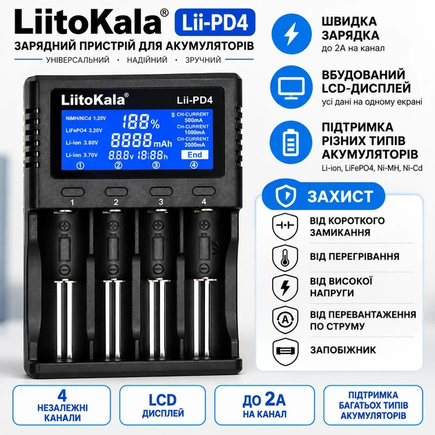 Універсальний зарядний пристрій LiitoKala Lii-PD4 4 канали - зображення 2