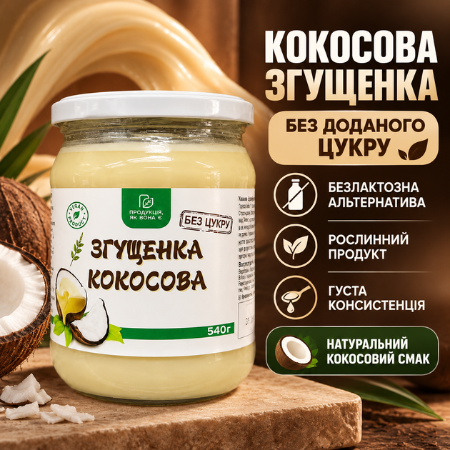 Згущене кокосове молоко без цукру 540 г кокосова згущенка рослинна безлактозна на мальтитолі густа кремова готова до споживання для десертів кави чаю каш смузі випічки млинців домашніх солодощів - Фото 1 Згущене кокосове молоко без цукру 540 г кокосова згущенка рослинна безлактозна на мальтитолі густа кремова готова до споживання для десертів кави чаю каш смузі випічки млинців домашніх солодощів - зображення 1