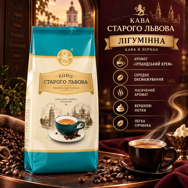 Кава зернова 1020 г Старого Львова Лігумінна середнього обсмаження купаж арабіки робусти ароматизована кава Ірландський крем вершковий аромат насичений смак з легкою гірчинкою для дому офісу кавомашини турки - Фото 1 Кава зернова 1020 г Старого Львова Лігумінна середнього обсмаження купаж арабіки робусти ароматизована кава Ірландський крем вершковий аромат насичений смак з легкою гірчинкою для дому офісу кавомашини турки - зображення 1