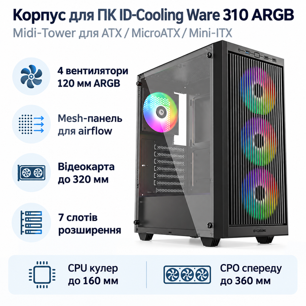 Корпус для ПК ID-Cooling Ware 310 ARGB Midi-Tower без БЖ ATX/MicroATX/Mini-ITX Mesh Black - Фото 1 Корпус для ПК ID-Cooling Ware 310 ARGB Midi-Tower без БЖ ATX/MicroATX/Mini-ITX Mesh Black - зображення 1