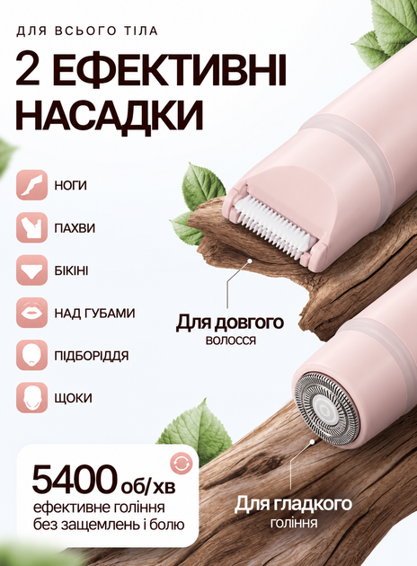 Депилятор женский 2 в 1 для лица зоны бикини подмышек ног и тела электробритва аккумуляторная беспроводная с керамическим лезвием круглой бритвенной головкой влагозащитой IPX6 зарядкой USB Type-C розовая ANSHE - изображение 6