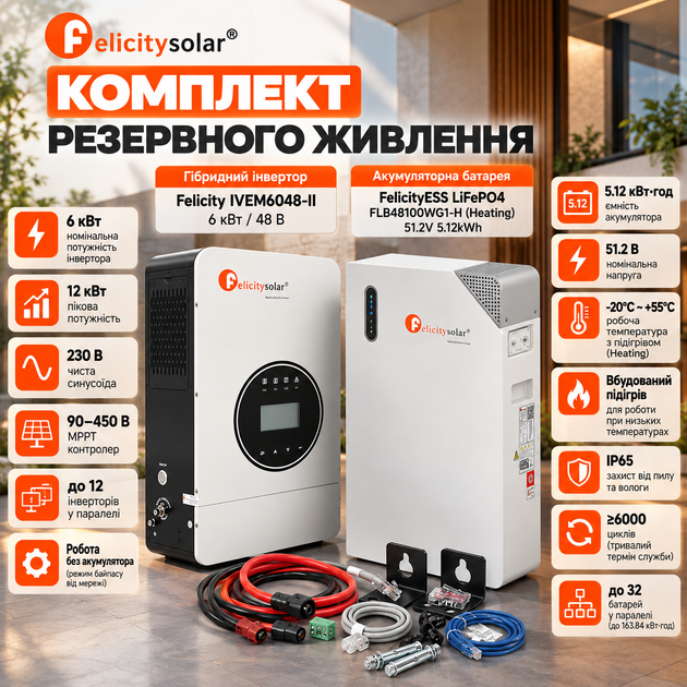 Гибридный инвертор Felicity IVEM6048-II 6 кВт + Аккумуляторная батарея FelicityESS LiFePO4 FLB48100WG1-H (Heating) 51.2V 5.12kWh для дома - изображение 5