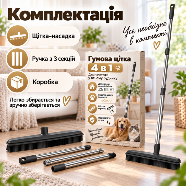 Гумова універсальна щітка-швабра 4 в 1 для підлоги, килимів, шерсті та вікон, ручка з нержавіючої сталі KT9005112 - Фото 5 Гумова універсальна щітка-швабра 4 в 1 для підлоги, килимів, шерсті та вікон, ручка з нержавіючої сталі KT9005112 - зображення 5