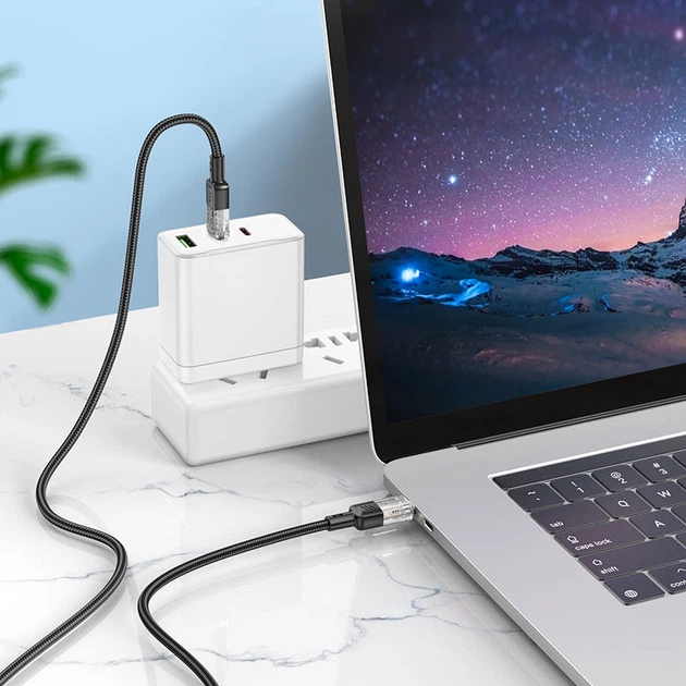 Кабель HOCO U129 Spirit transparent charging data cable Type-C to Type-C 60W 3A 1.2m Black - Фото 5 Кабель HOCO U129 Spirit transparent charging data cable Type-C to Type-C 60W 3A 1.2m Black - зображення 5