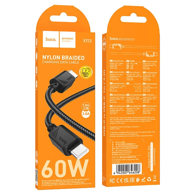 Кабель HOCO X113 Beneficio charging data cable Type-C to Type-C 60W 3A 1m Black - зображення 3