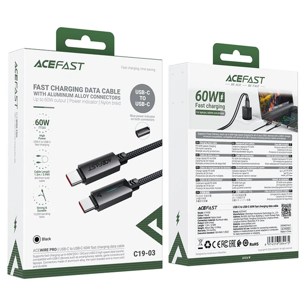 Кабель ACEFAST C19-03 Fast charging data cable Type-C to Type-C 60W 3A 1.2m Black - Фото 7 Кабель ACEFAST C19-03 Fast charging data cable Type-C to Type-C 60W 3A 1.2m Black - изображение 7