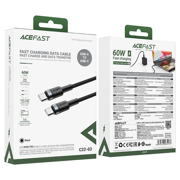 Кабель ACEFAST C22-03 aluminum alloy charging data cable Type-C to Type-C 60W 3A 1.2m Black - изображение 7