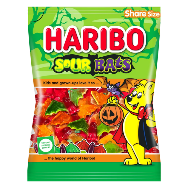 Желейні цукерки Haribo Sour Bats у формі кажанів 160 г - Фото 1 Желейні цукерки Haribo Sour Bats у формі кажанів 160 г - зображення 1