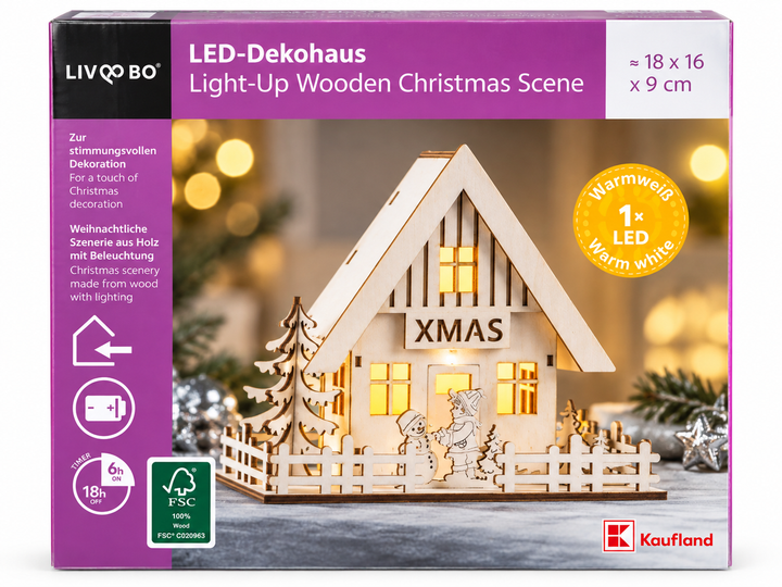 Новогодний деревянный домик LIV&BO с LED-подсветкой, 18×16x9 см, теплый белый свет - изображение 3