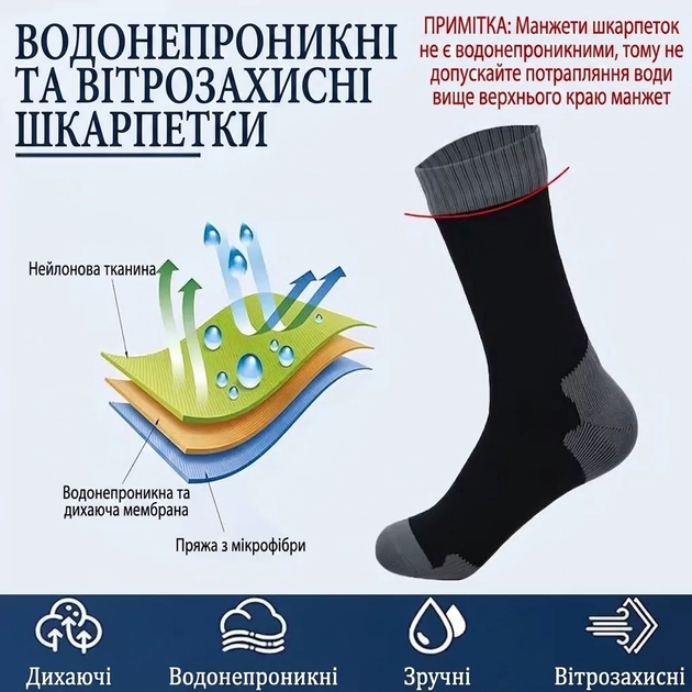 Шкарпетки мембранні водонепроникні та вітрозахисні XL 43-46р. Чорний (KL1890) - зображення 3