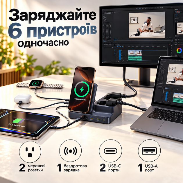 Беспроводное зарядное устройство Baseus Nomos ND11 6-в-1 67W с MagSafe/Qi, 2 розетки, 2×Type-C, USB-A, 15W - изображение 2