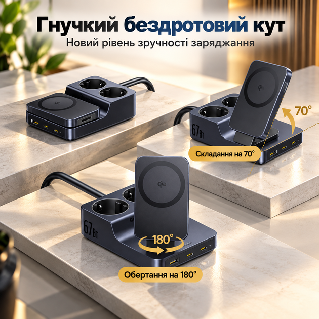 Беспроводное зарядное устройство Baseus Nomos ND11 6-в-1 67W с MagSafe/Qi, 2 розетки, 2×Type-C, USB-A, 15W - изображение 4