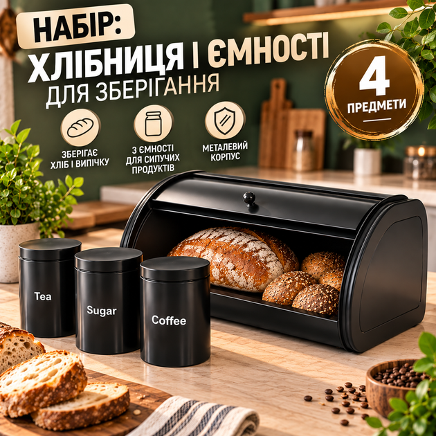 Хлебница с набором баночек 3 шт Комплект для кухни Емкости для хранения сыпучих продуктов - Фото 1 Хлебница с набором баночек 3 шт Комплект для кухни Емкости для хранения сыпучих продуктов - изображение 1