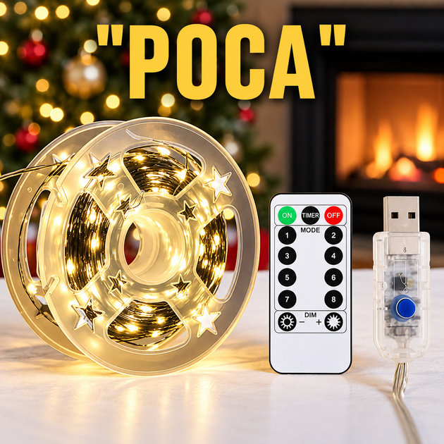 Светодиодная гирлянда роса 50 метров 500 LED лампочек уличная гирлянда нитка теплый свет от USB 8 режимов с пультом гибкий зеленый провод Желтый - изображение 3