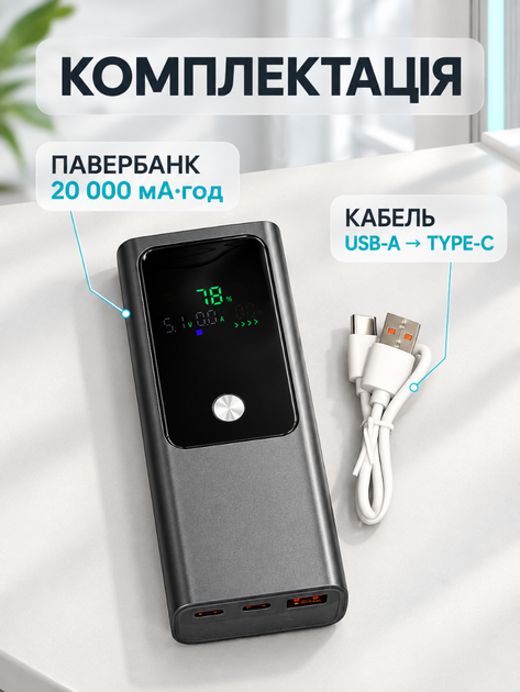 Повербанк 20000 мА·ч с быстрой зарядкой PD 100W и цифровым дисплеем для ноутбука смартфона темно-серый (37261134) - изображение 7