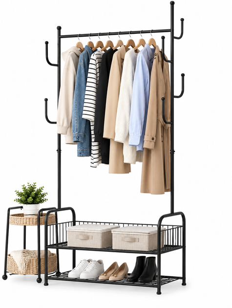 Вешалка напольная для одежды и обуви Clothes Drying Rack 8032 металлическая с перекладиной для плечиков 2 нижними полками 6 боковыми крючками с порошковым покрытием стационарная без колес 170×60×35 см - Фото 4 Вешалка напольная для одежды и обуви Clothes Drying Rack 8032 металлическая с перекладиной для плечиков 2 нижними полками 6 боковыми крючками с порошковым покрытием стационарная без колес 170×60×35 см - изображение 4