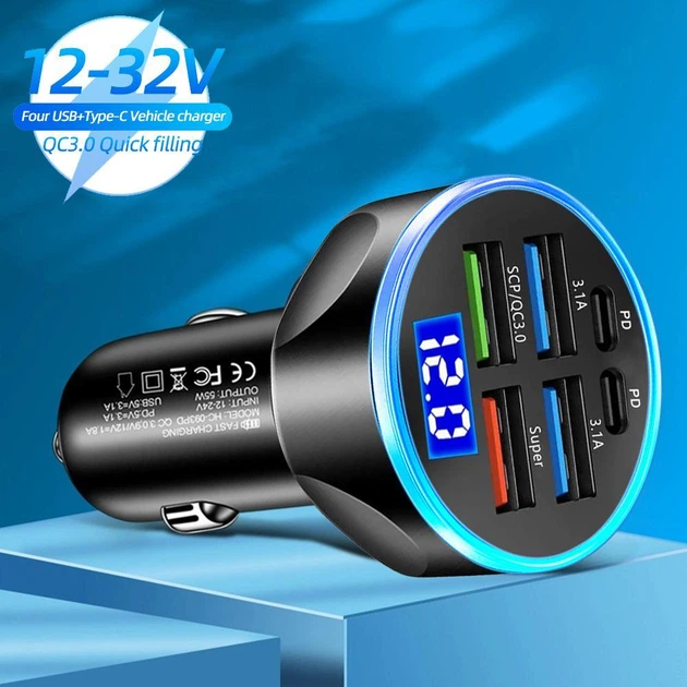 Швидка зарядка в прикурювач з цифровим дисплеєм: 4 USB + 2 Type-C, Power Delivery, QC3.0 - Фото 2 Швидка зарядка в прикурювач з цифровим дисплеєм: 4 USB + 2 Type-C, Power Delivery, QC3.0 - изображение 2