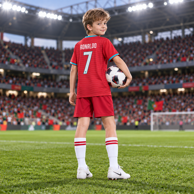 Детская футбольная форма Криштиану Роналду Cristiano Ronaldo №7 Португалия Portugal 2026 красная, футболка + шорты, размер 26, рост 140–150 см - Фото 3 Детская футбольная форма Криштиану Роналду Cristiano Ronaldo №7 Португалия Portugal 2026 красная, футболка + шорты, размер 26, рост 140–150 см - изображение 3