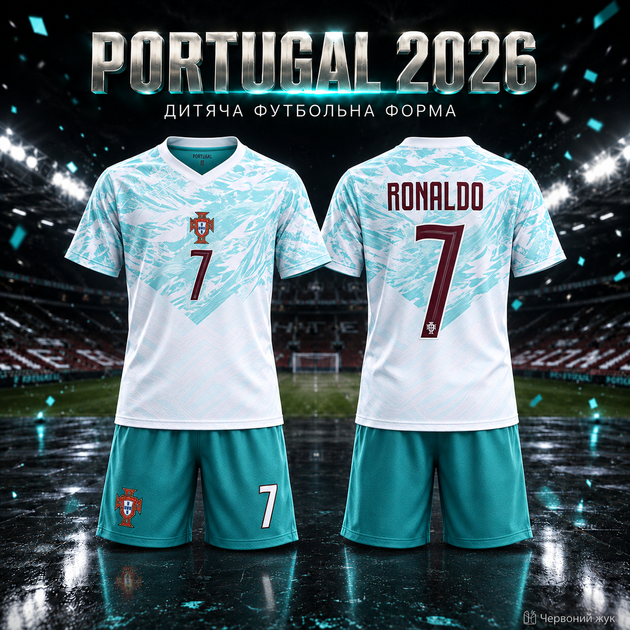 Детская футбольная форма Криштиану Роналду Cristiano Ronaldo №7 Португалия Portugal 2026 бело-бирюзовая, футболка + шорты, размер 24, рост 130–140 см - Фото 1 Детская футбольная форма Криштиану Роналду Cristiano Ronaldo №7 Португалия Portugal 2026 бело-бирюзовая, футболка + шорты, размер 24, рост 130–140 см - изображение 1