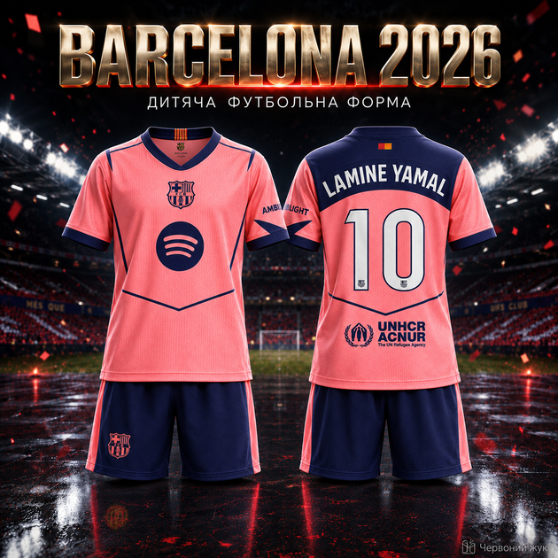 Детская футбольная форма Барселона Barcelona Ламин Ямаль Lamine Yamal №10 2026 розово-синяя, футболка + шорты, размер 18, рост 100–110 см - Фото 1 Детская футбольная форма Барселона Barcelona Ламин Ямаль Lamine Yamal №10 2026 розово-синяя, футболка + шорты, размер 18, рост 100–110 см - изображение 1
