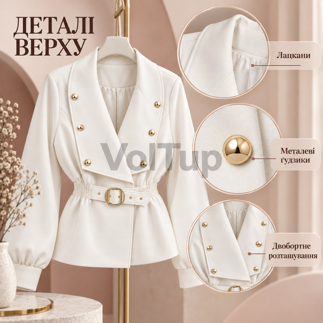 Укороченный тренч-пиджак белый 44–46, женская модель на подкладке из ткани коттон мемори - Фото 2 Укороченный тренч-пиджак белый 44–46, женская модель на подкладке из ткани коттон мемори - изображение 2