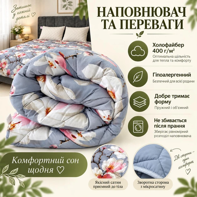 Одеяло двустороннее LERI MAX с холлофайбером 180x210 см сатин/микросатин 400 г/м² синее - изображение 2