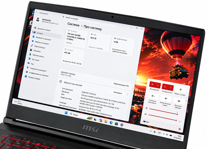 Ноутбук MSI GF63 Thin 11SC Core i5-11400H GTX 1650 Max-Q 4GB 16GB DDR4 SSD 512GB 15.6" FHD Чорний Б/У - изображение 5