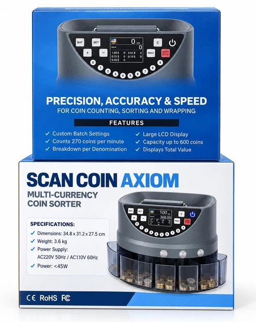 Сортировщик Монет SCAN COIN AXIOM Счетчик Денег с BATCH-Фасовкой до 999 Монет и Автоматическим Распределением по 5 Карманам - изображение 4