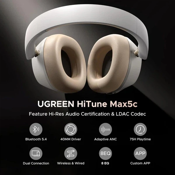 Беспроводные наушники UGREEN HP203 HiTune Max5С Hybrid ANC BT5.4 White (35758) - Фото 6 Беспроводные наушники UGREEN HP203 HiTune Max5С Hybrid ANC BT5.4 White (35758) - изображение 6