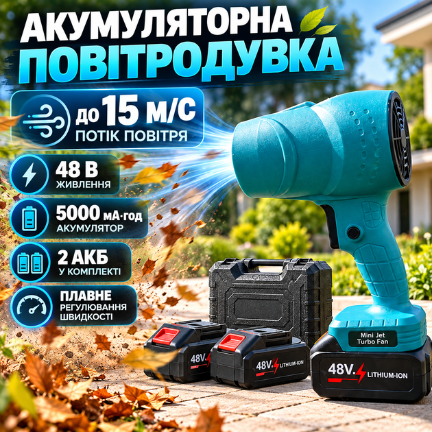 Повітродувка акумуляторна 48 В 2 АКБ вітродуйка 5000 мА·год для прибирання листя снігу пилу повітродув 15 м с з плавним регулюванням швидкості портативний для саду дому автомобіля техніки - Фото 1 Повітродувка акумуляторна 48 В 2 АКБ вітродуйка 5000 мА·год для прибирання листя снігу пилу повітродув 15 м с з плавним регулюванням швидкості портативний для саду дому автомобіля техніки - зображення 1