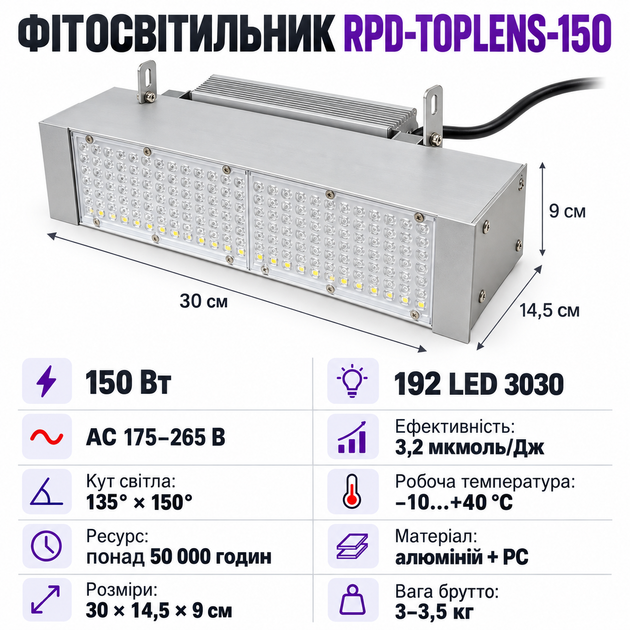 Професійний фітосвітильник TOPLENS 150W для теплиць і оранжерей - Фото 4 Професійний фітосвітильник TOPLENS 150W для теплиць і оранжерей - изображение 4