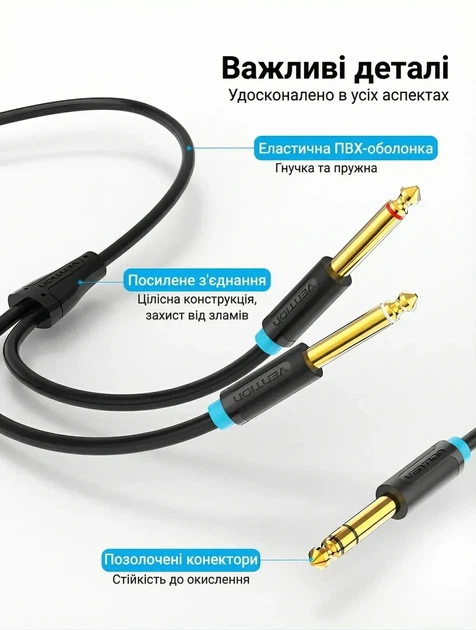 Аудиокабель-разветвитель Vention 6,35 мм TRS — 2 × 6,35 мм TS, 2 м, Black (BATBH) - Фото 10 Аудиокабель-разветвитель Vention 6,35 мм TRS — 2 × 6,35 мм TS, 2 м, Black (BATBH) - изображение 10