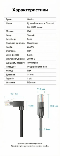 Интернет-кабель Vention Cat 6 UTP Ethernet угловой сетевой шнур патч-корд 2 м Black (IBWBH) - изображение 10