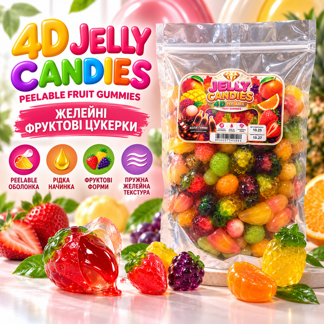 Желейні цукерки 4D Jelly Candies Peelable Fruit Gummies 400 г мармелад з рідкою начинкою у формі фруктів з оболонкою що очищається фруктове асорті полуниця виноград апельсин ананас для Candy Bar та свят - Фото 1 Желейні цукерки 4D Jelly Candies Peelable Fruit Gummies 400 г мармелад з рідкою начинкою у формі фруктів з оболонкою що очищається фруктове асорті полуниця виноград апельсин ананас для Candy Bar та свят - зображення 1